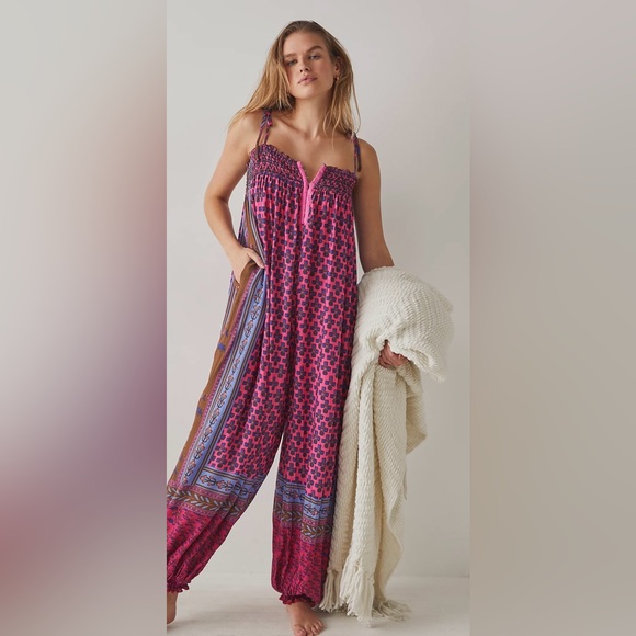Free People Pants - Free People Fuchsia & Purple Printed Wide-Leg Jumpsuit
